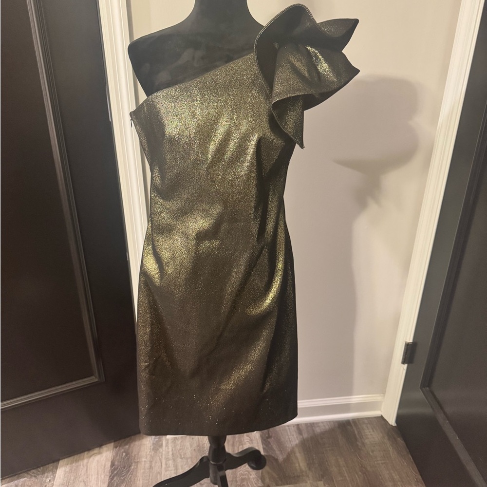Eliza J One Shoulder Gold Black Shimmer Cocktail Dress Ruffle Size 12